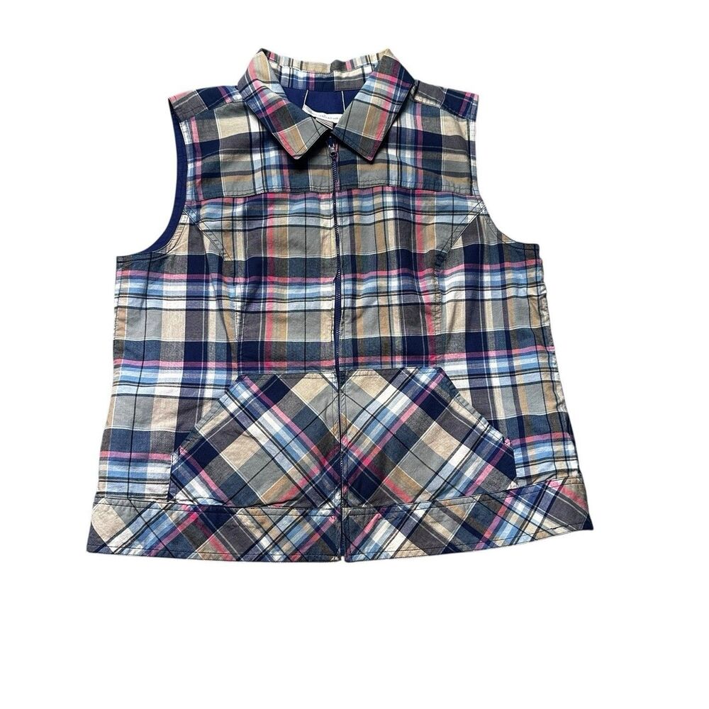 Christopher Banks Size Petite L Blue and Tan Plaid Cozy Vest with Sherpa Lining